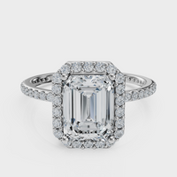 Emerald Cut Halo with Pavé Band Ring – Diamonds