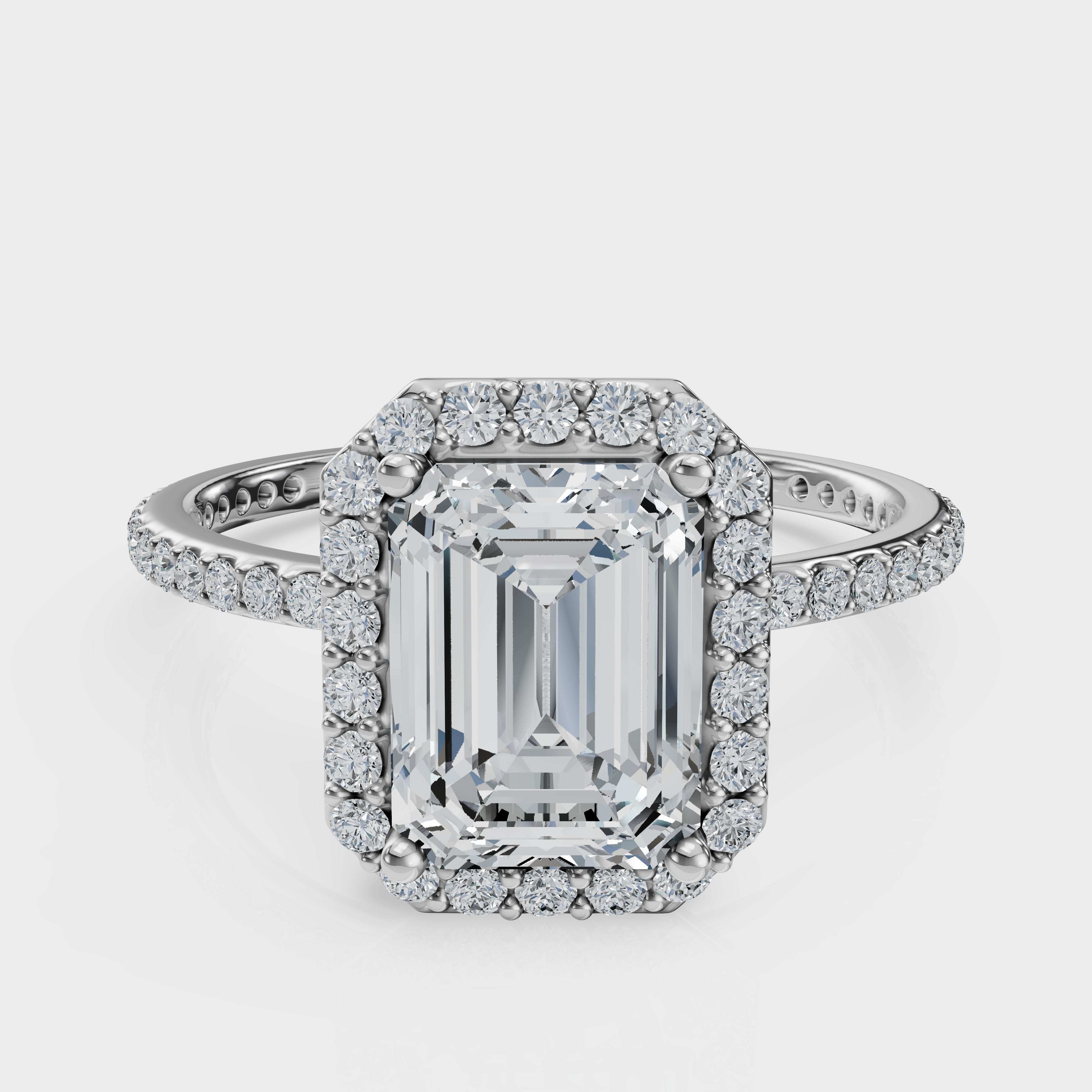 Emerald Cut Halo with Pavé Band Ring – Diamonds