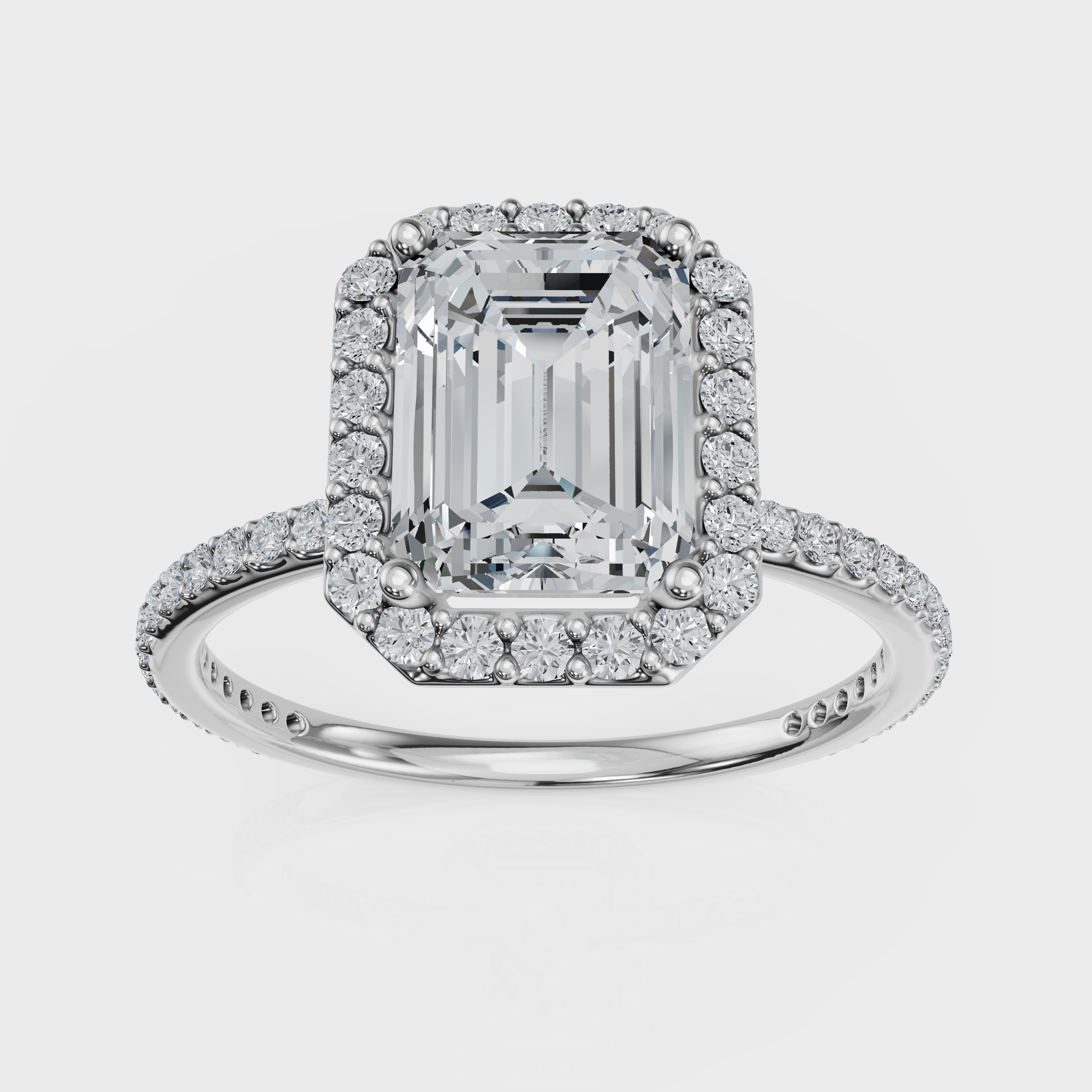 Emerald Cut Halo with Pavé Band Ring – Diamonds