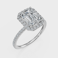 Emerald Cut Halo with Pavé Band Ring – Diamonds