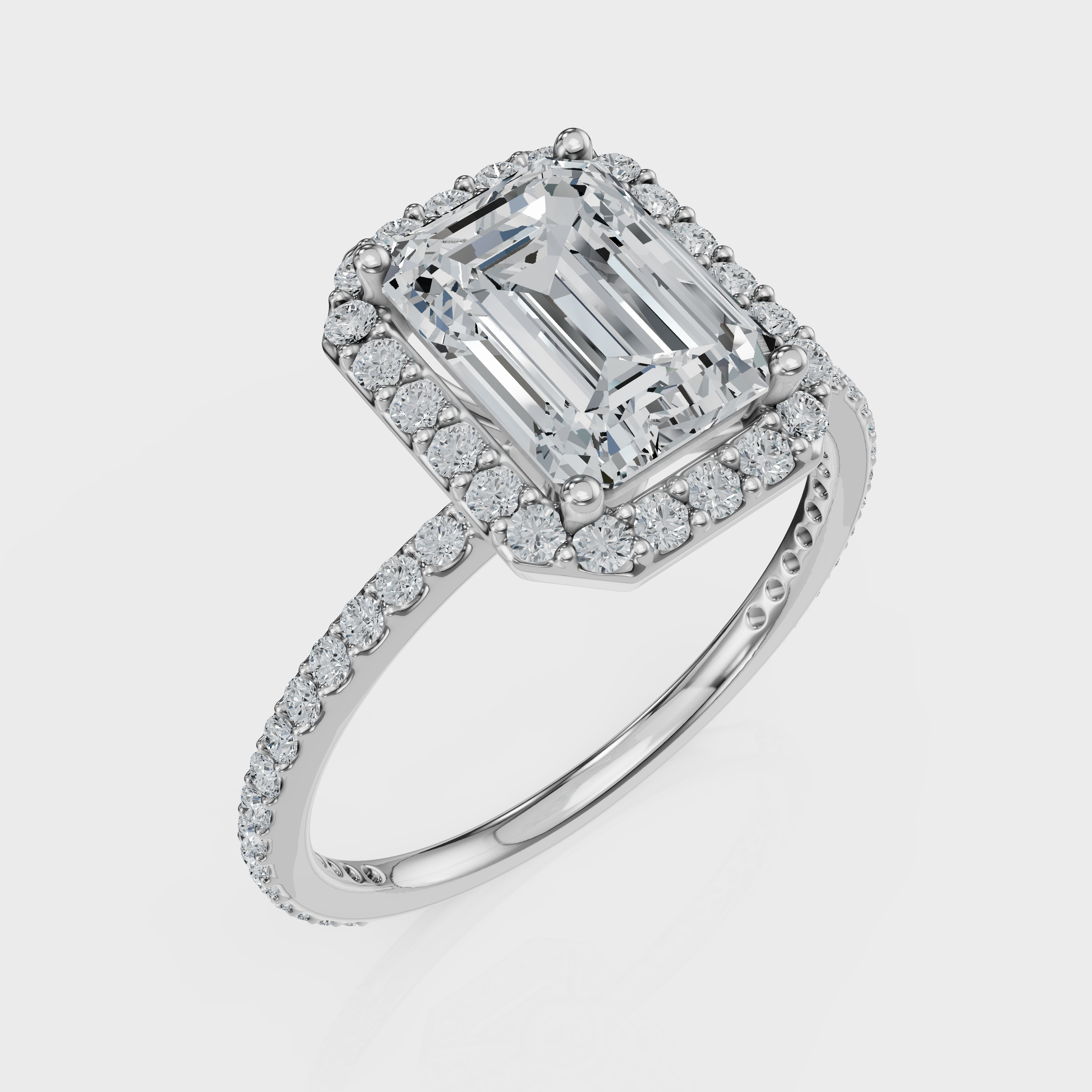 Emerald Cut Halo with Pavé Band Ring – Diamonds