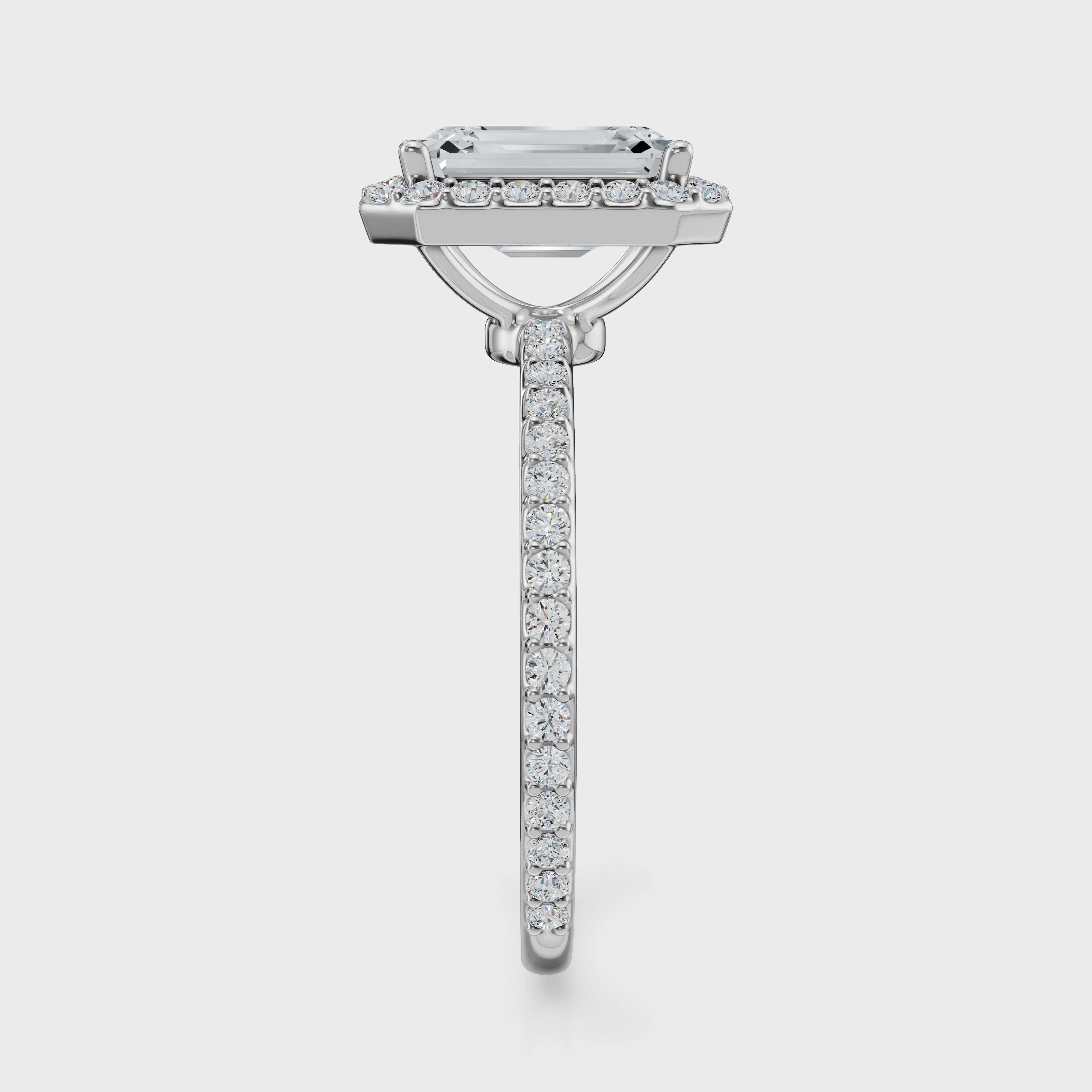 Emerald Cut Halo with Pavé Band Ring – Diamonds