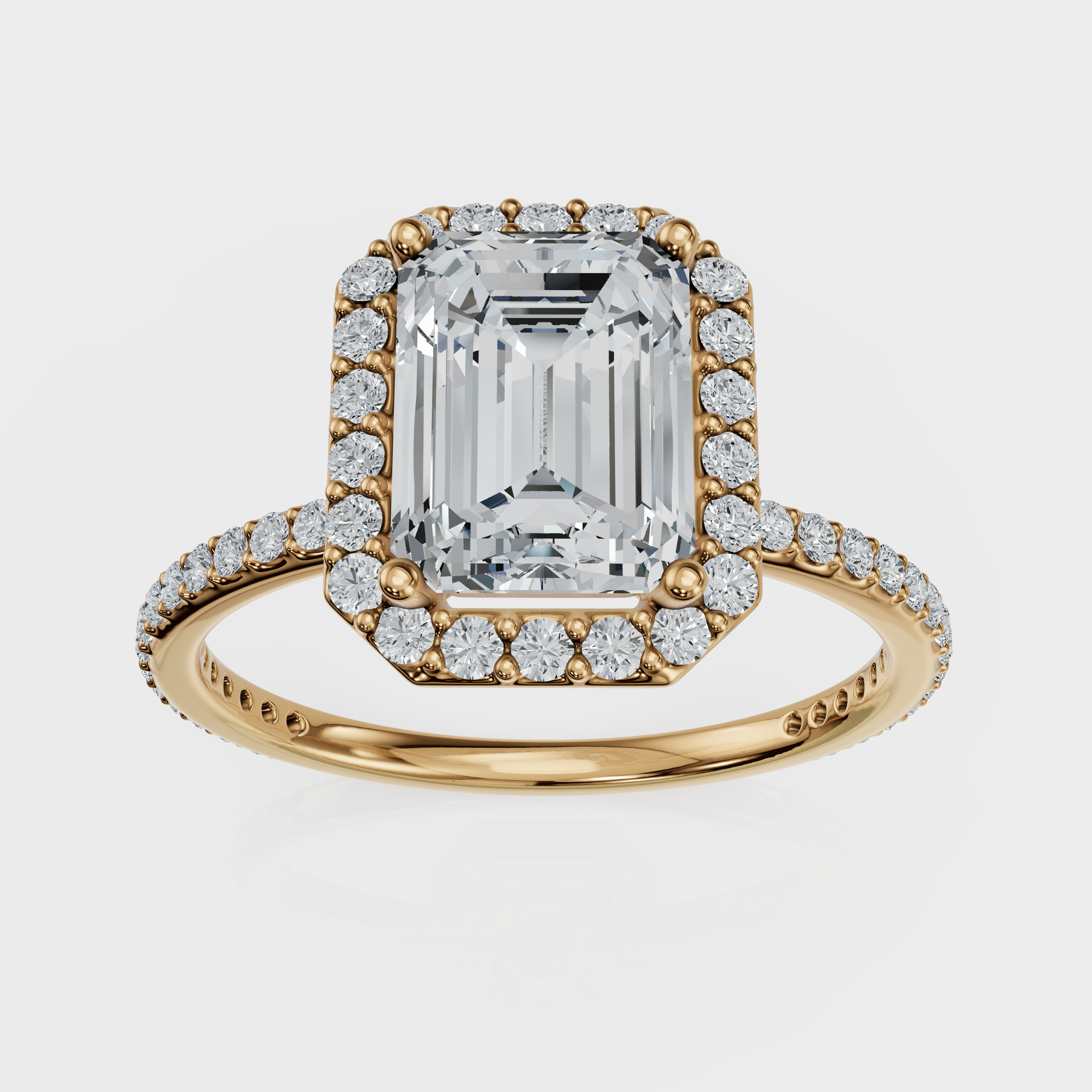 Emerald Cut Halo with Pavé Band Ring – Diamonds
