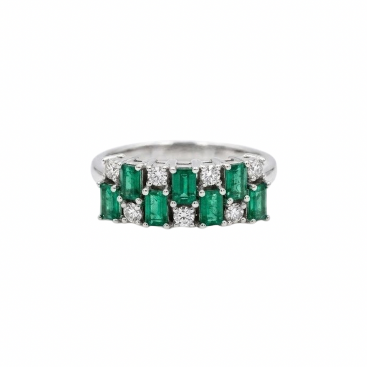 Double Row Baguette Emerald & Round Diamond Vertical Ring