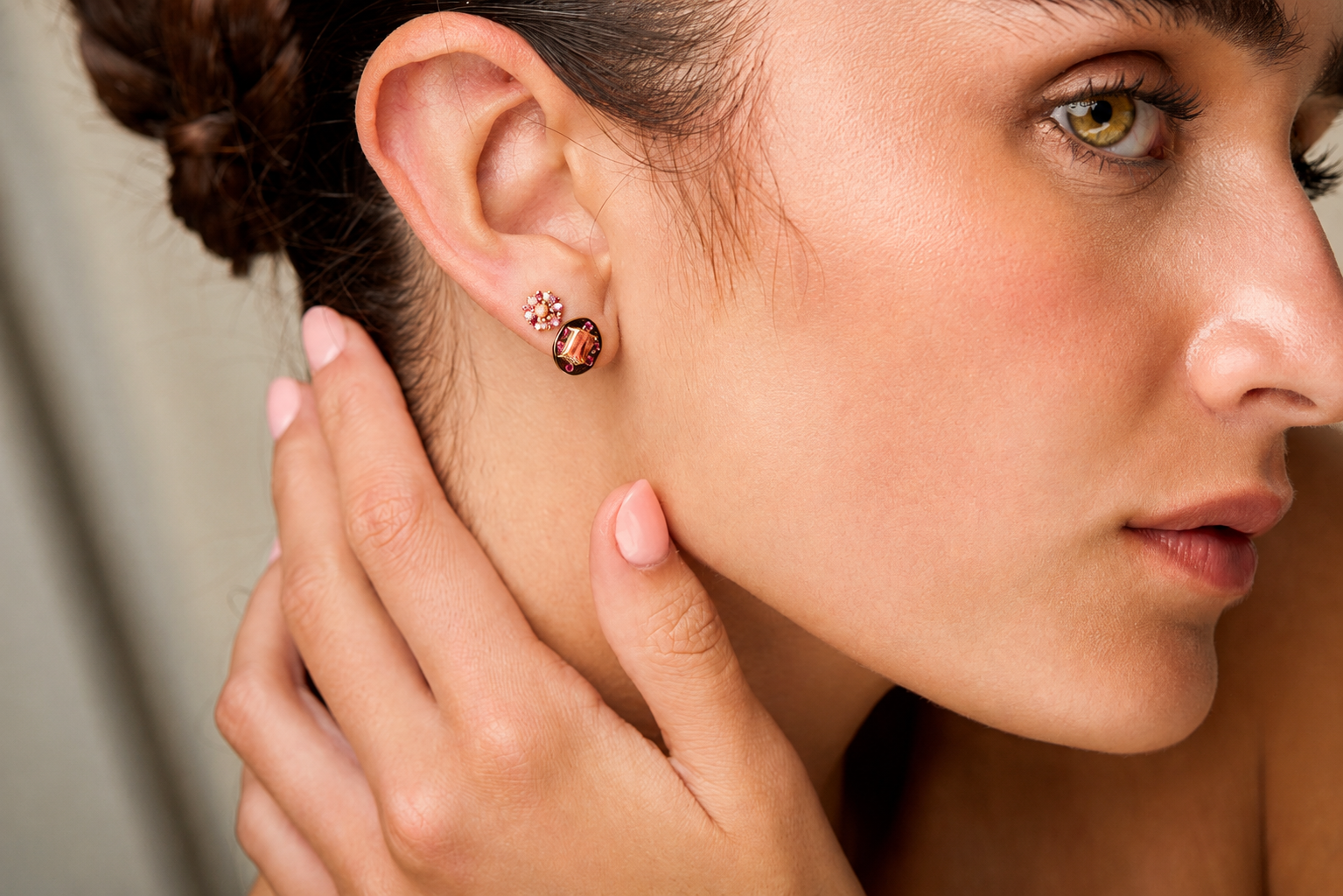 Round Orange Sapphire Studs with Ruby & Diamond Halo
