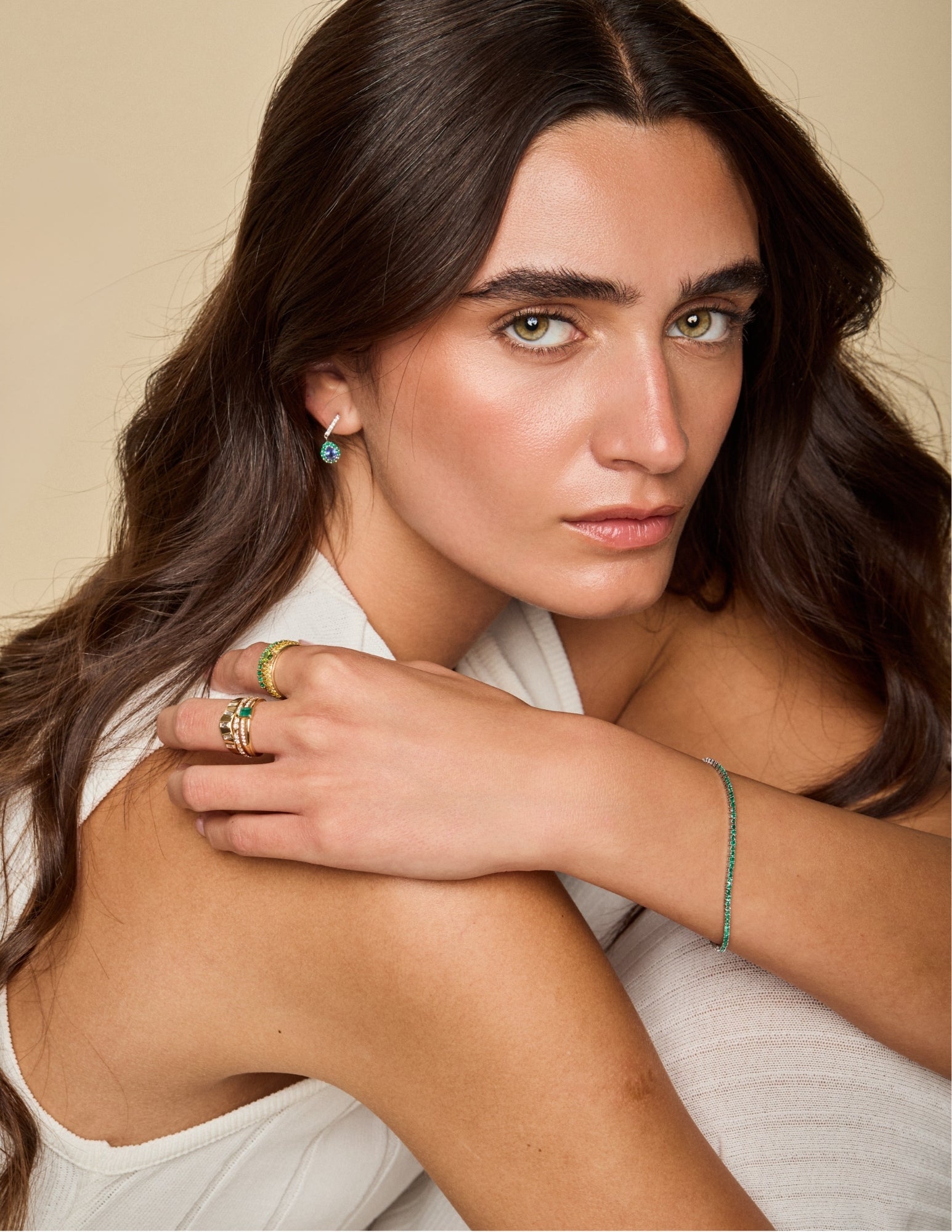 Pear Sapphire Drop Earrings with Diamond Bar & Emerald Halo