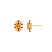 Rectangle Orange Sapphire Studs with Flush Set Ruby Halo