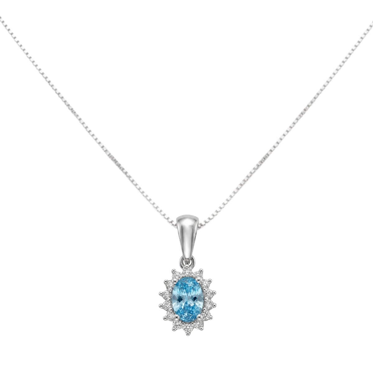 Oval Blue Diamond & Diamond Sunburst Halo Necklace