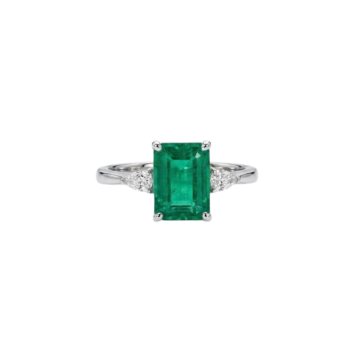 Emerald-Cut Emerald  & Two Diamond  Pear White Gold Ring