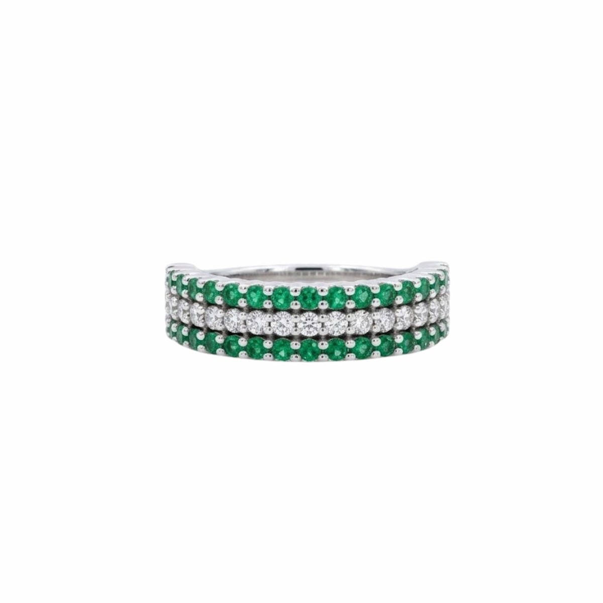 Triple Row Round Emerald & Diamond Ring