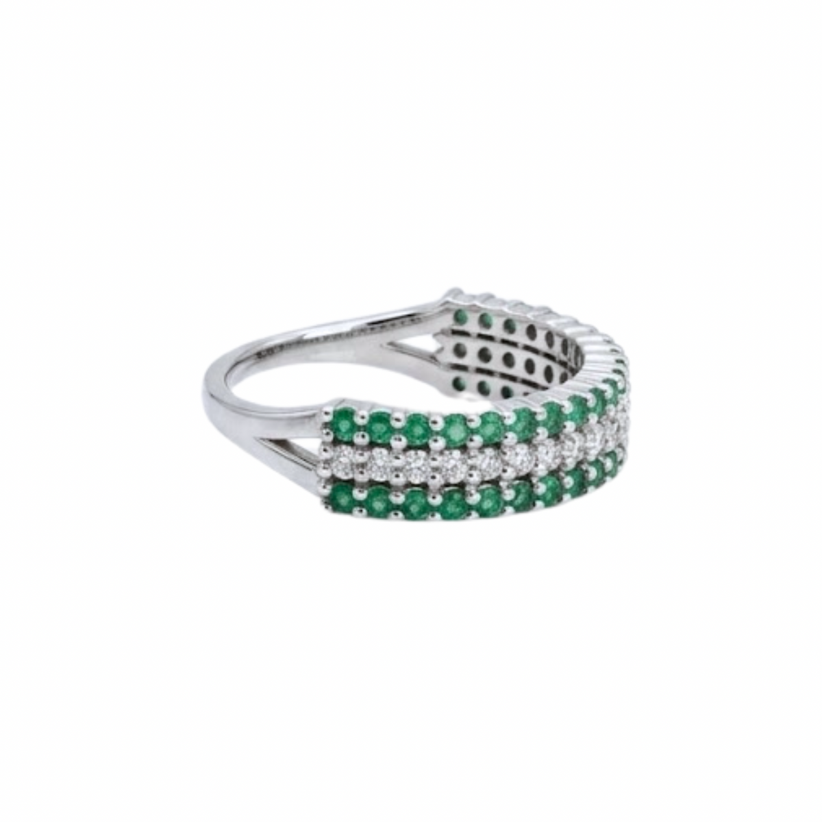 Triple Row Round Emerald & Diamond Ring
