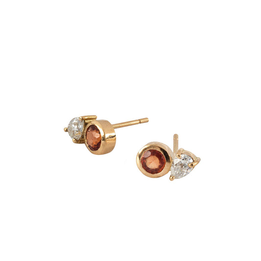 Round Orange Sapphire & Pear Diamond Earrings