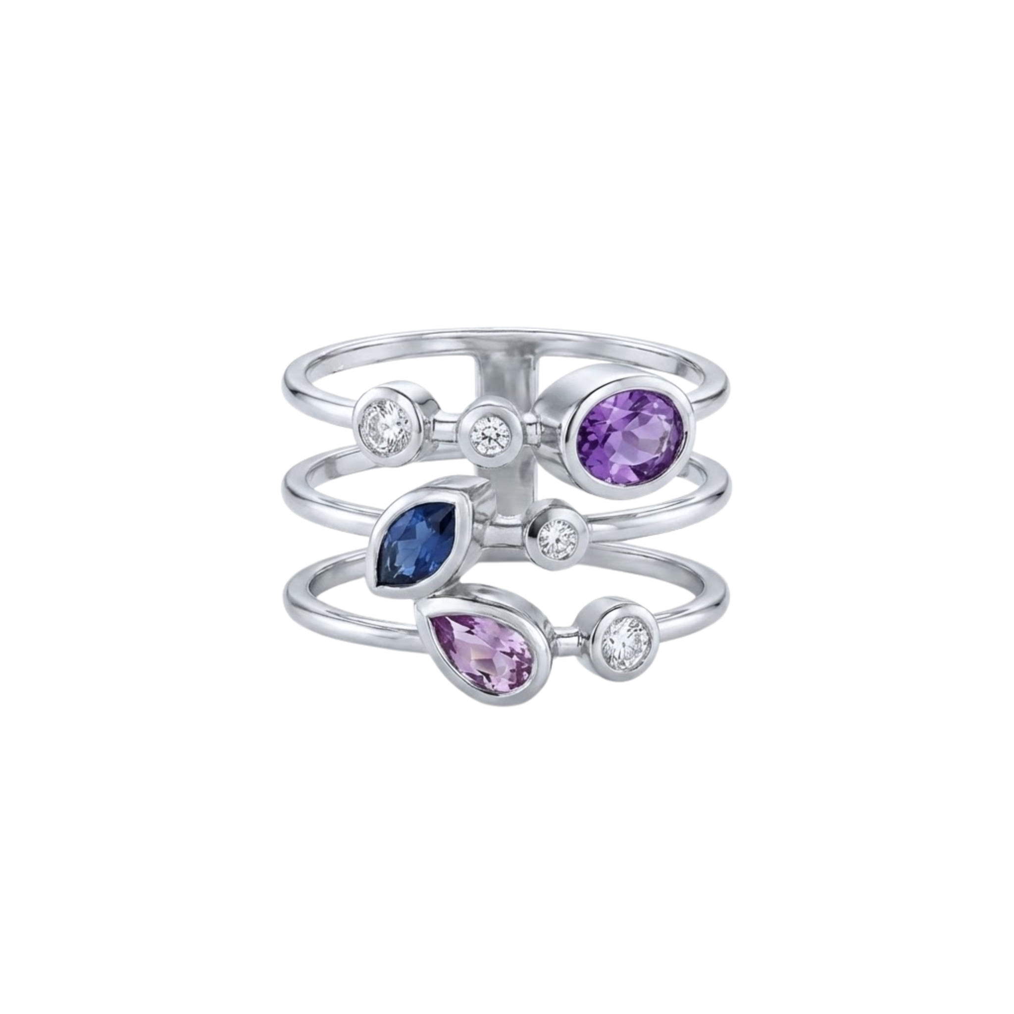 Triple Band Multicolor Mixed-Cut Sapphire & Round Diamond Bezel Ring