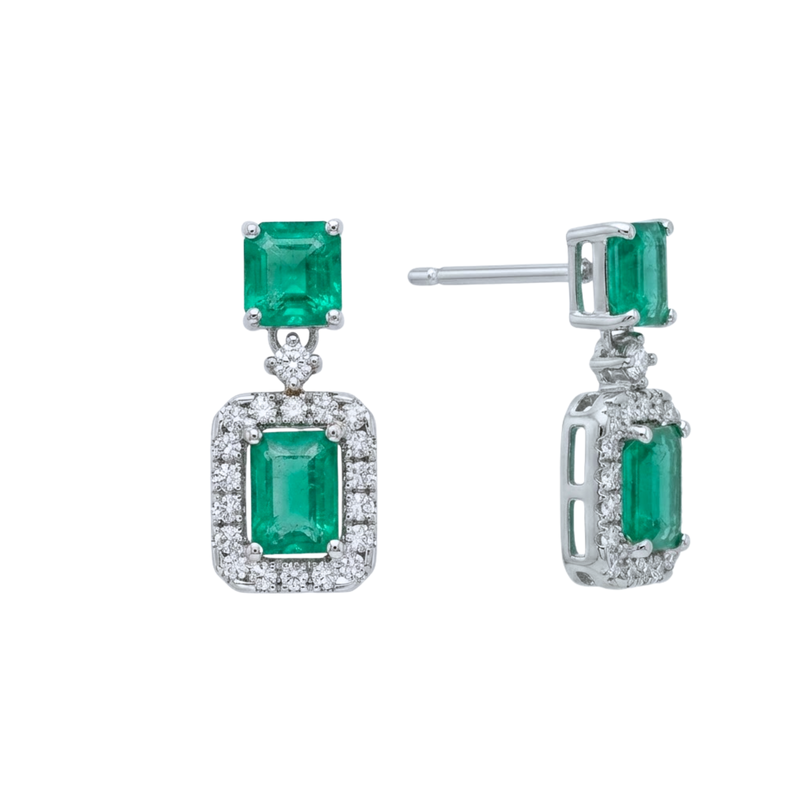 Emerald-Cut Emerald & Diamond Halo Drop Earrings