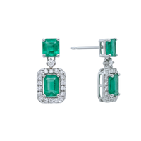 Emerald-Cut Emerald & Diamond Halo Drop Earrings