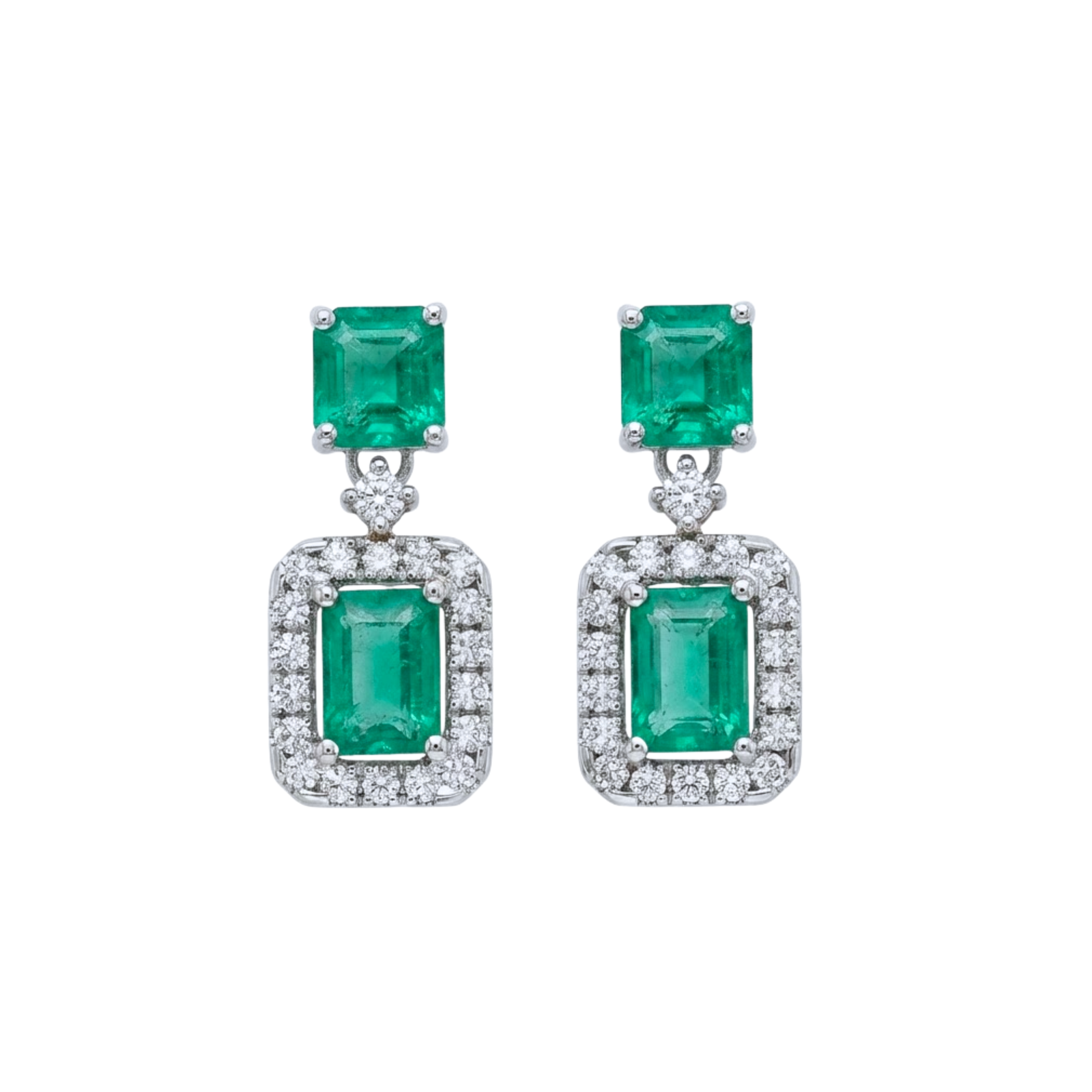 Emerald-Cut Emerald & Diamond Halo Drop Earrings