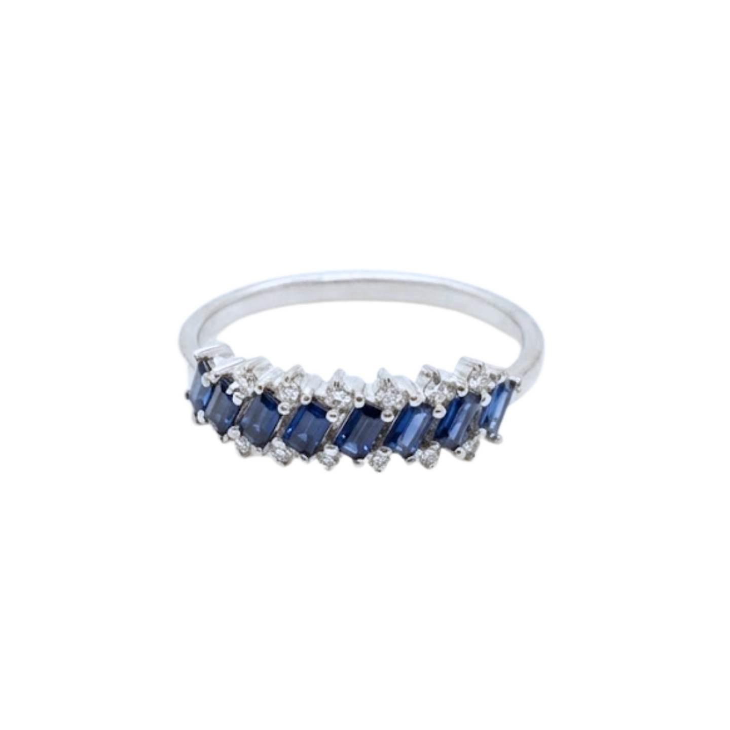 Diagonal Baguette Sapphire & Round Diamond Band