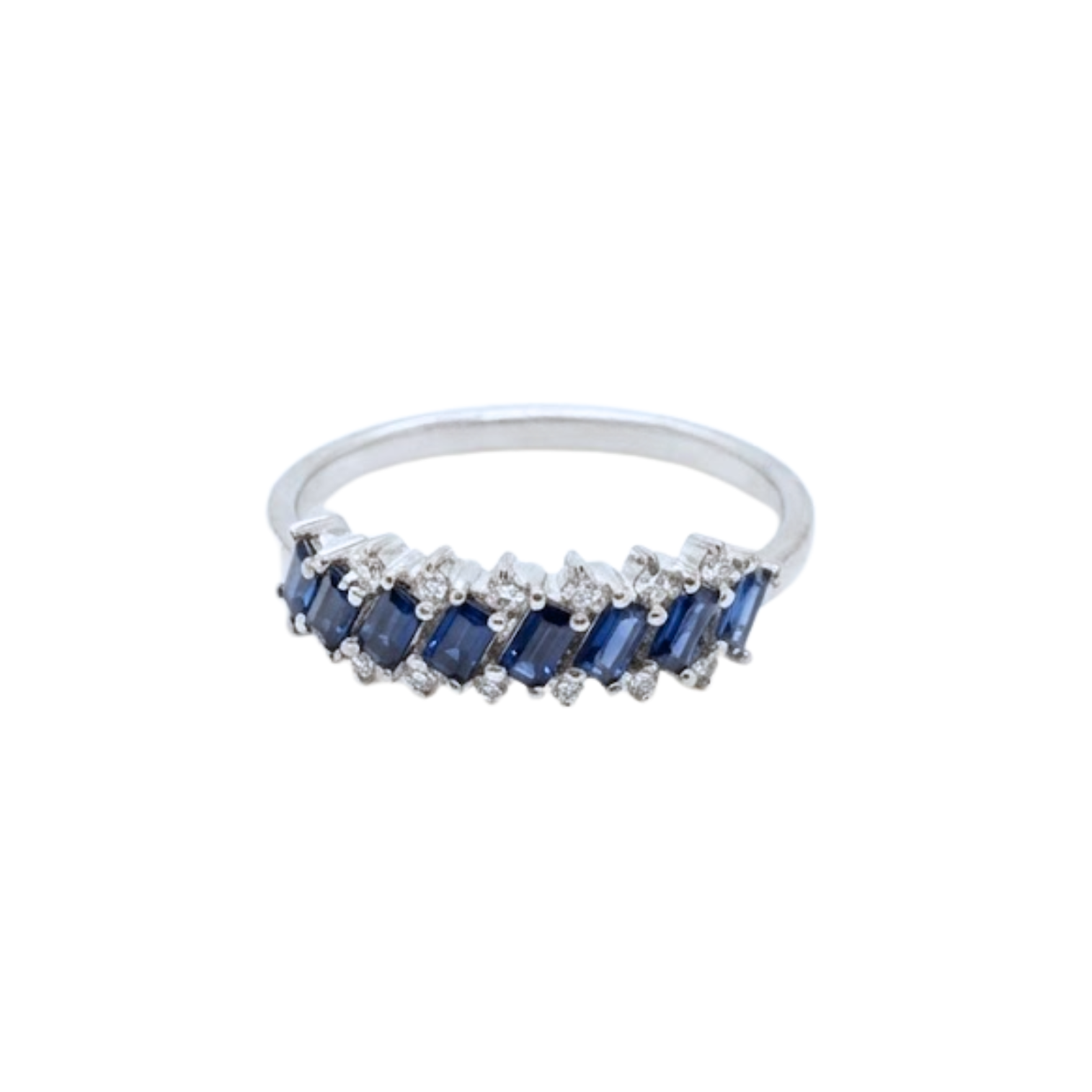 Diagonal Baguette Sapphire & Round Diamond Band