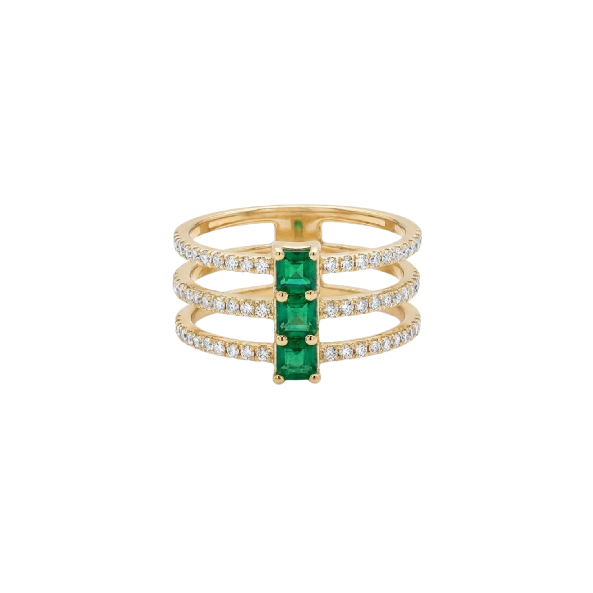 Triple Row Princess Emerald & Round Diamond Ring