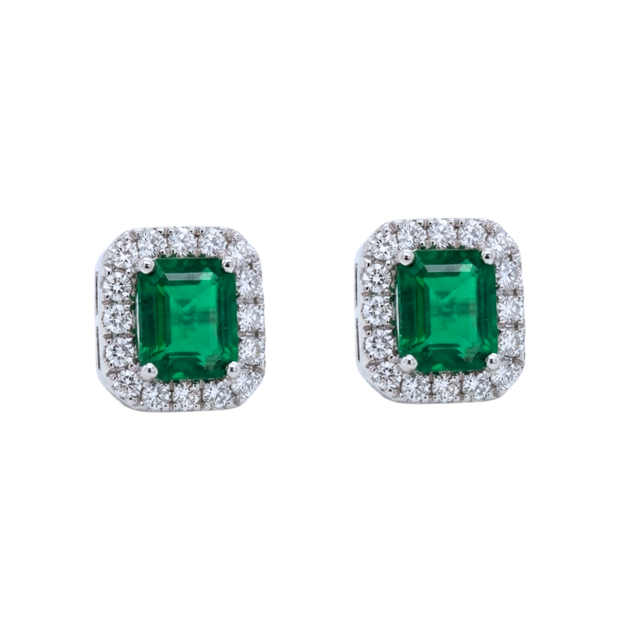 Squared Emerald & Diamond Halo Earrings