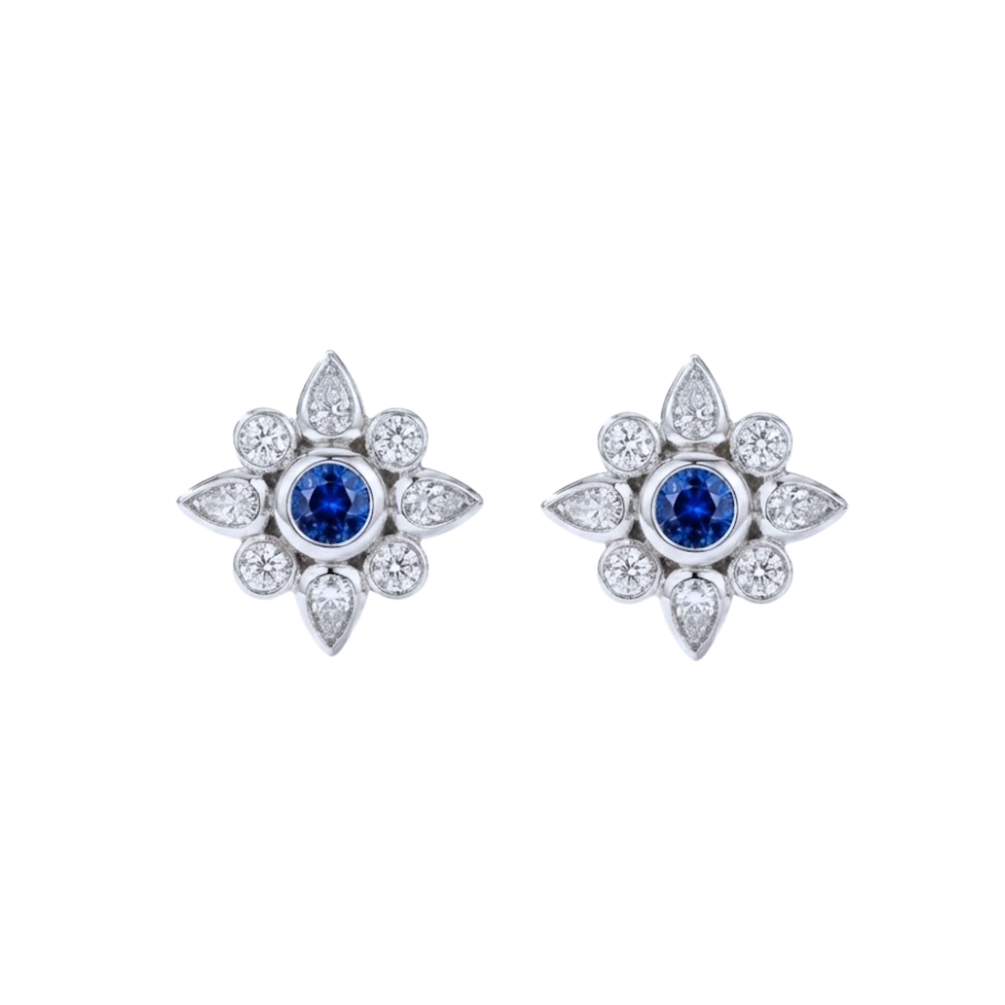 Round Sapphire with Pear & Round Diamond Halo Bezel Studs