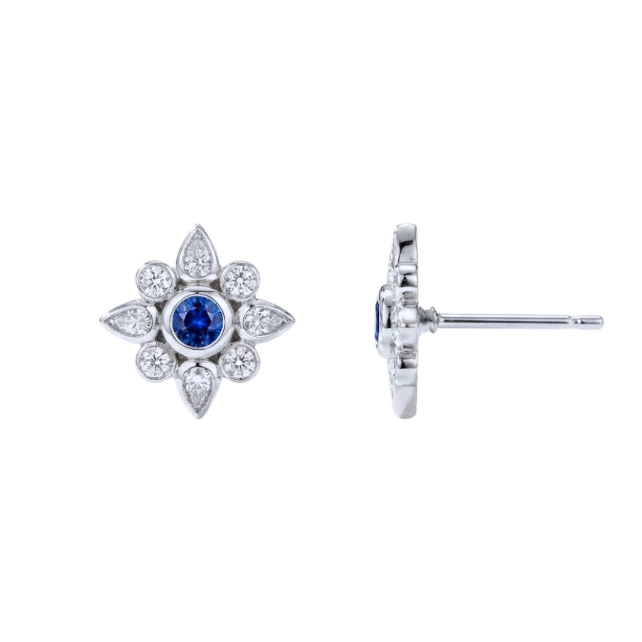 Round Sapphire with Pear & Round Diamond Halo Bezel Studs
