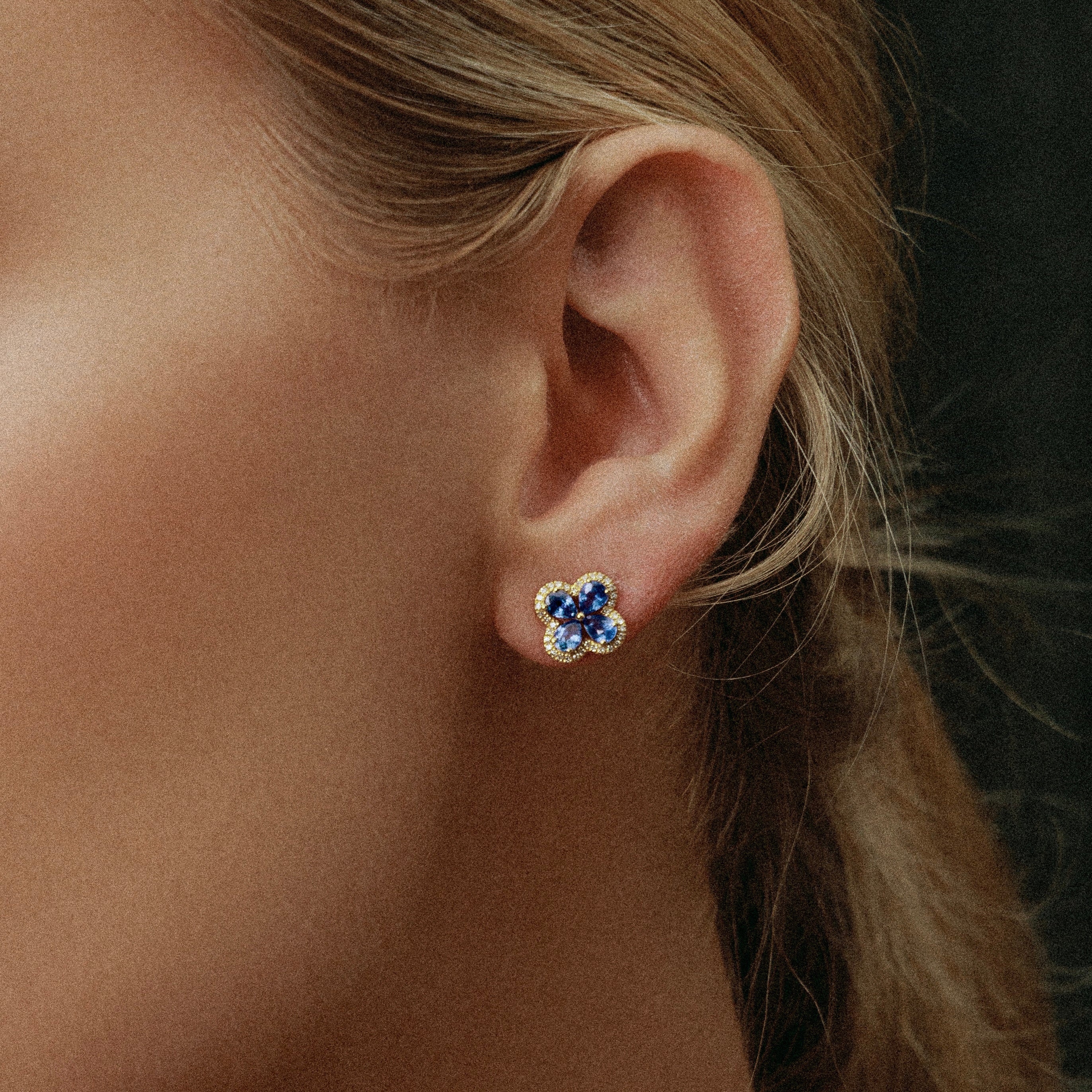 Floral Sapphire & Diamond Earrings in Yellow Gold