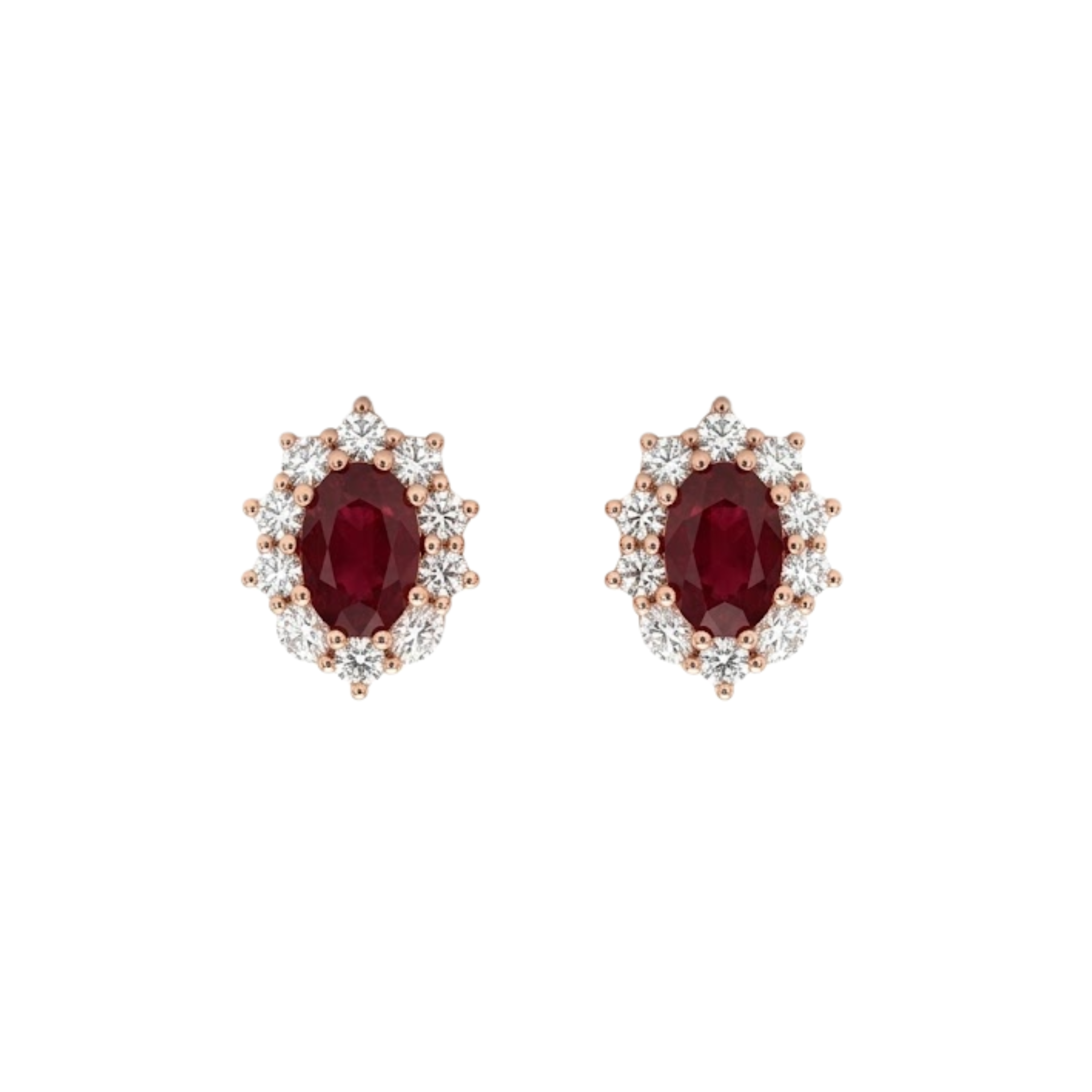 Oval Ruby Halo Studs with Marquise Diamond Accents