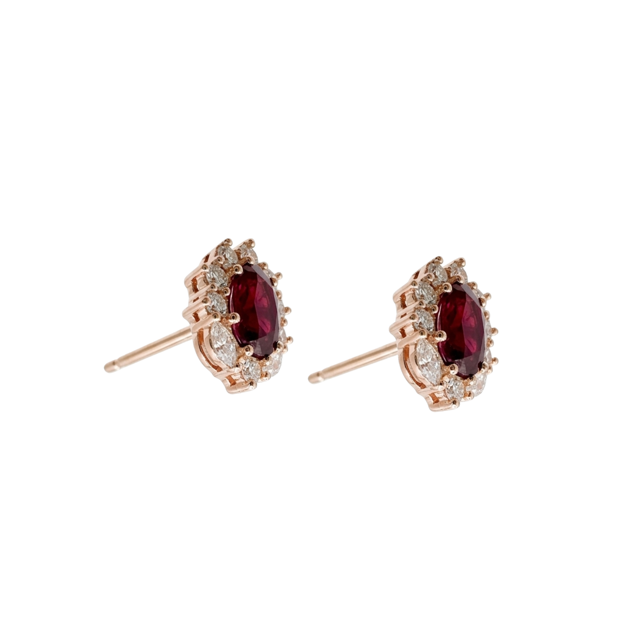 Oval Ruby Halo Studs with Marquise Diamond Accents