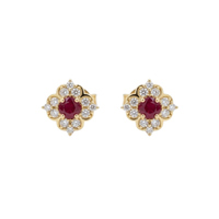 Round Ruby Floral Halo Studs with Diamonds