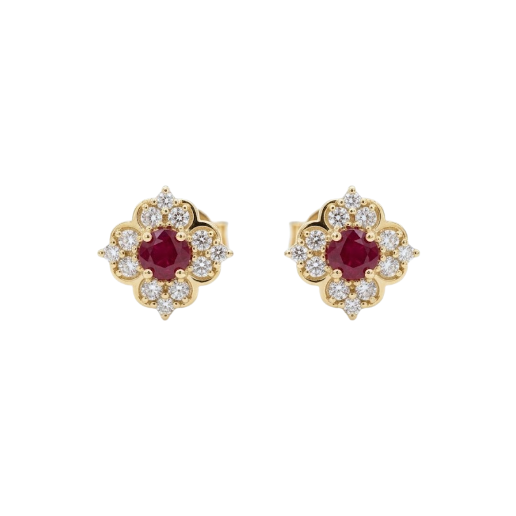 Round Ruby Floral Halo Studs with Diamonds