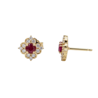 Round Ruby Floral Halo Studs with Diamonds