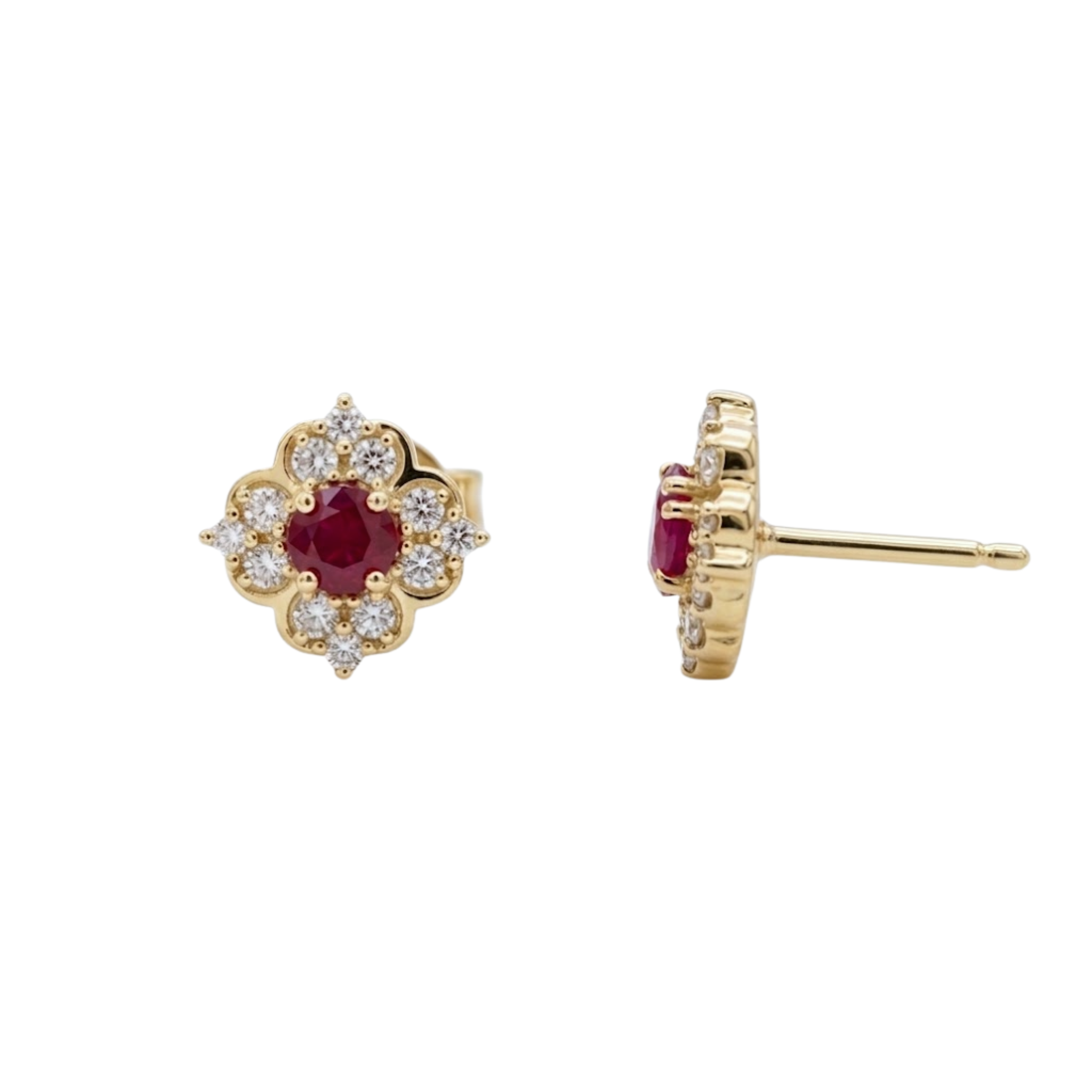 Round Ruby Floral Halo Studs with Diamonds