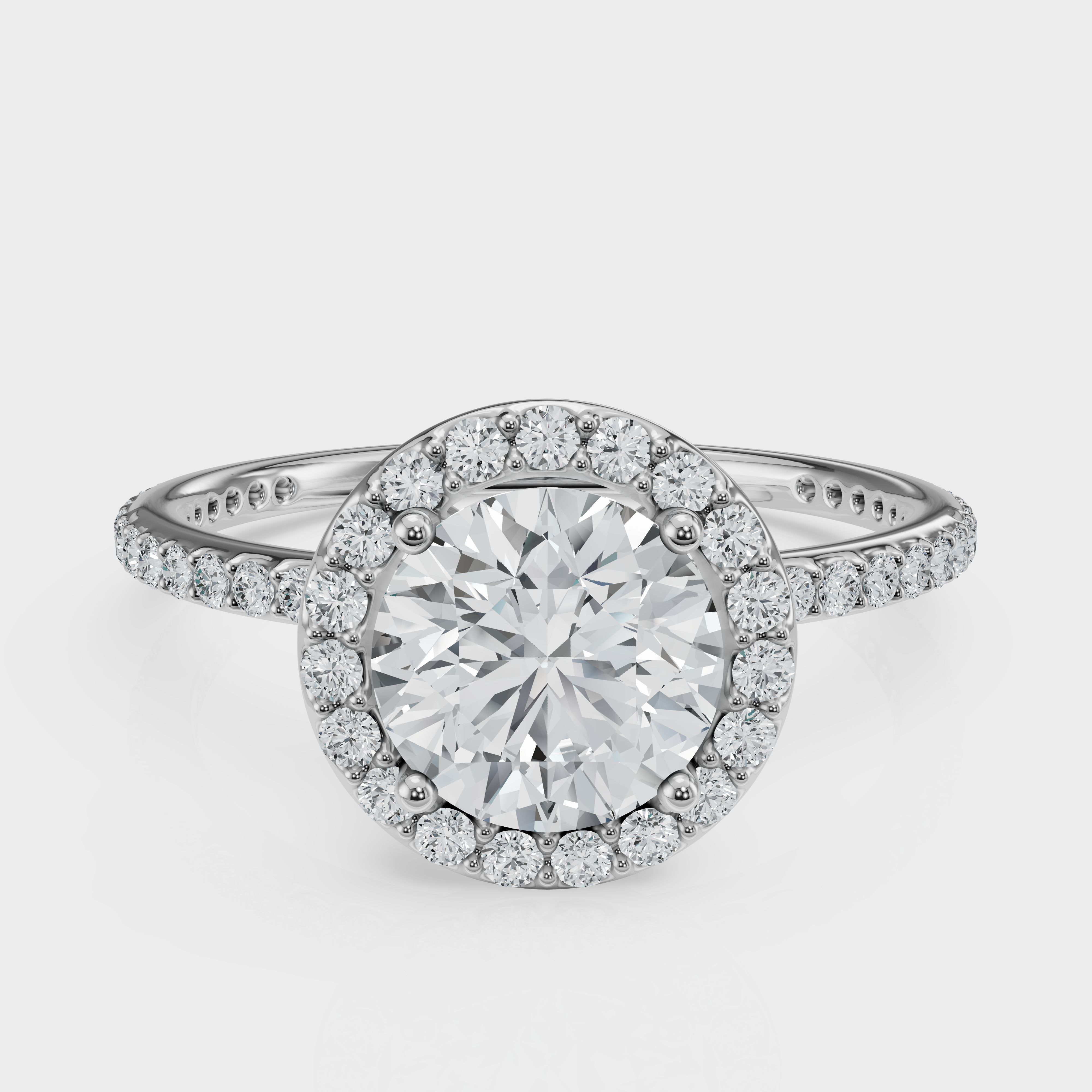 Round Cut Halo with Pavé Band Ring– Diamonds