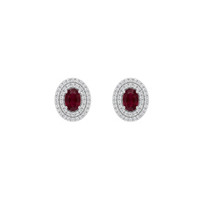 Oval Ruby Studs with Double Diamond Halo