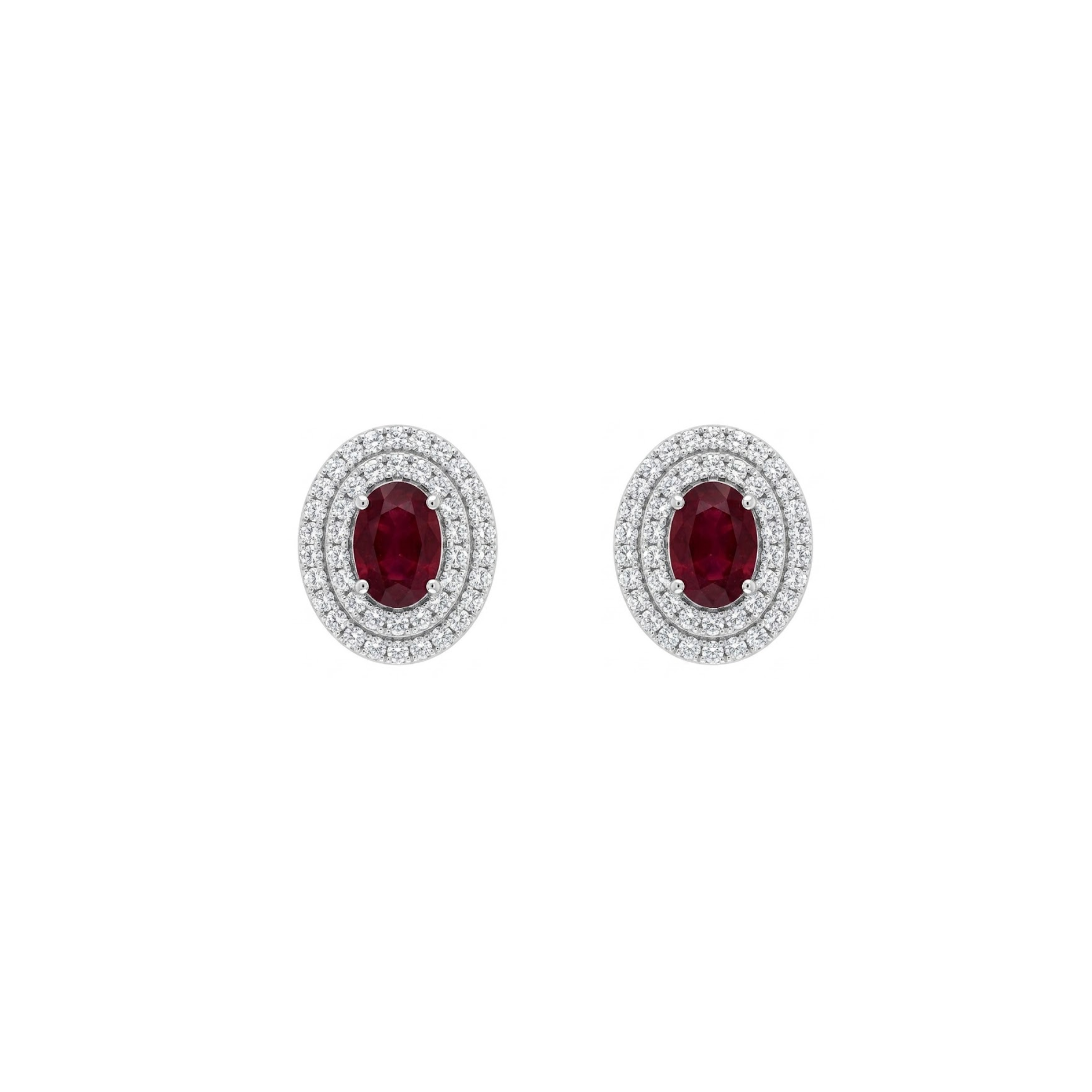 Oval Ruby Studs with Double Diamond Halo