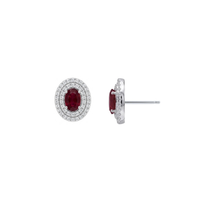 Oval Ruby Studs with Double Diamond Halo