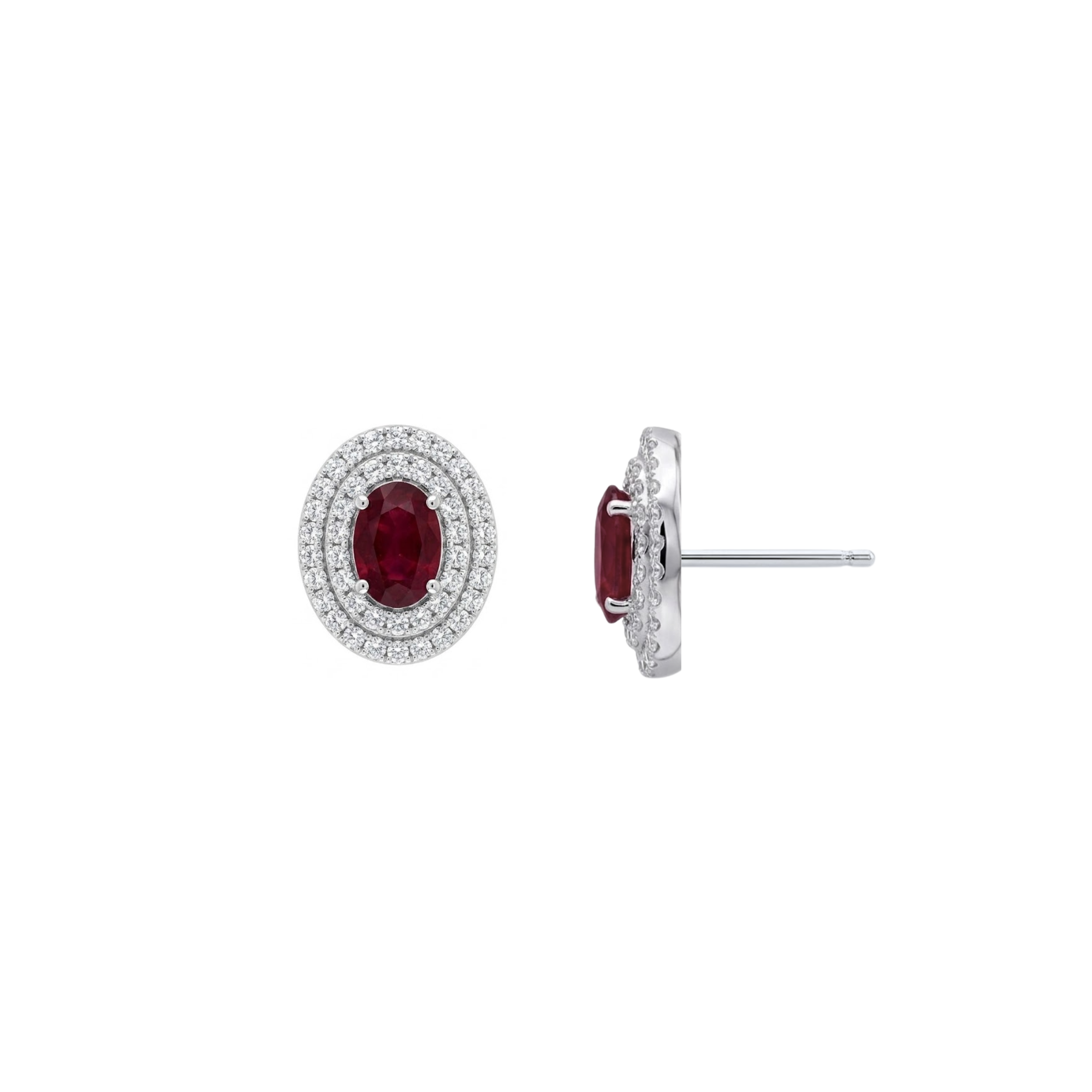 Oval Ruby Studs with Double Diamond Halo
