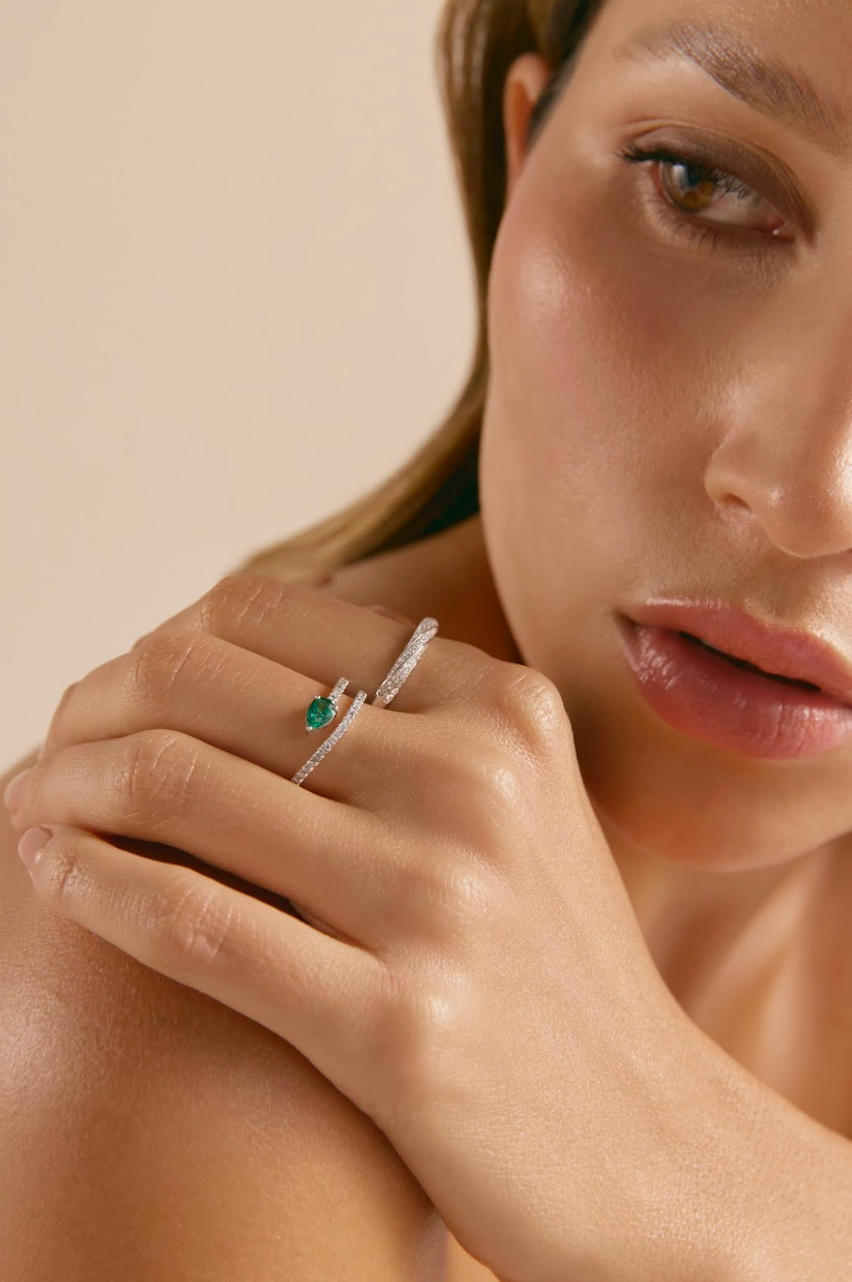 Diamond Double Band Pear Emerald Ring