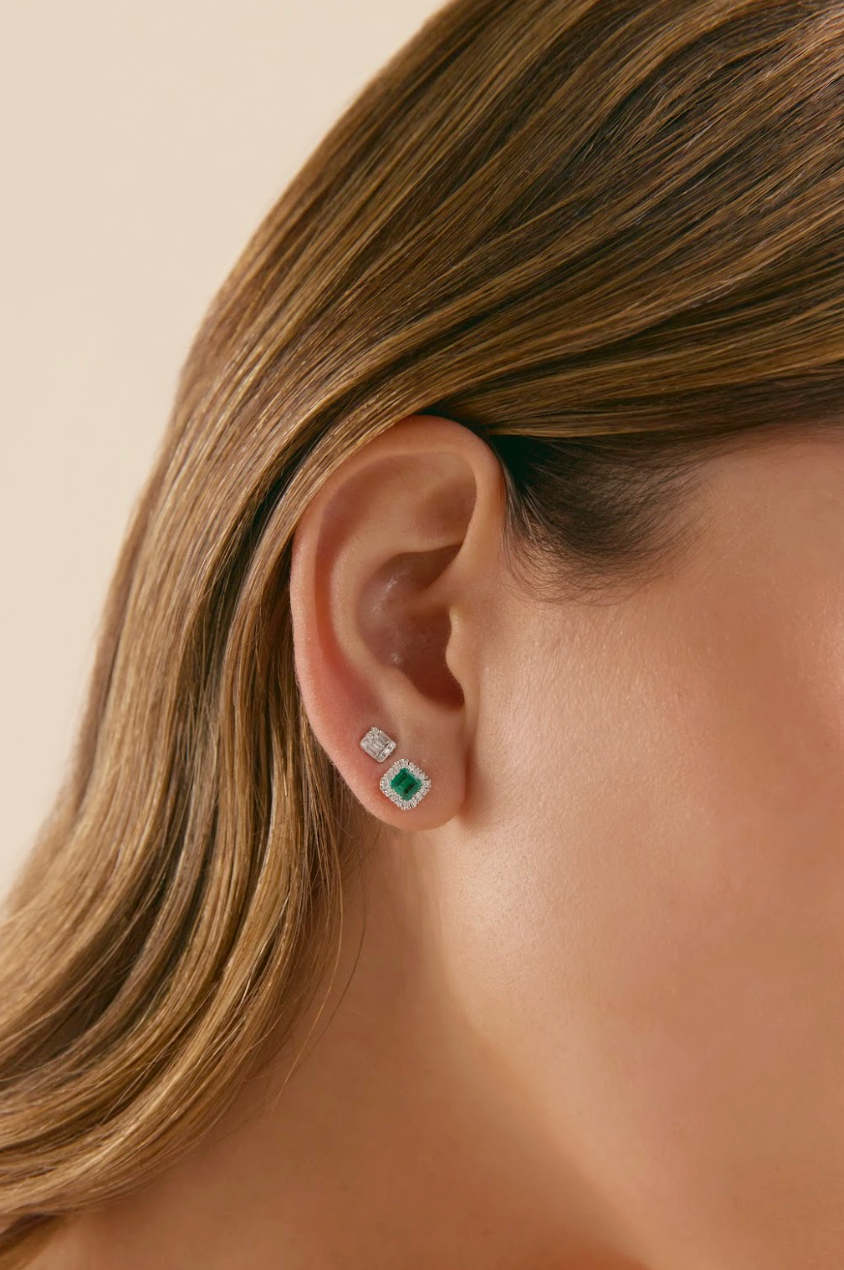 Square Emerald & Diamond Halo Studs