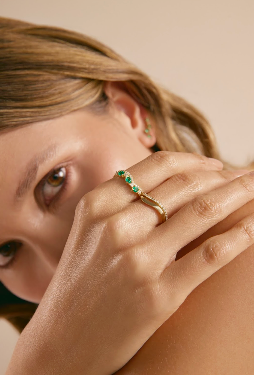 Mixed Cut-Emerald & Diamond Double Wavy Band