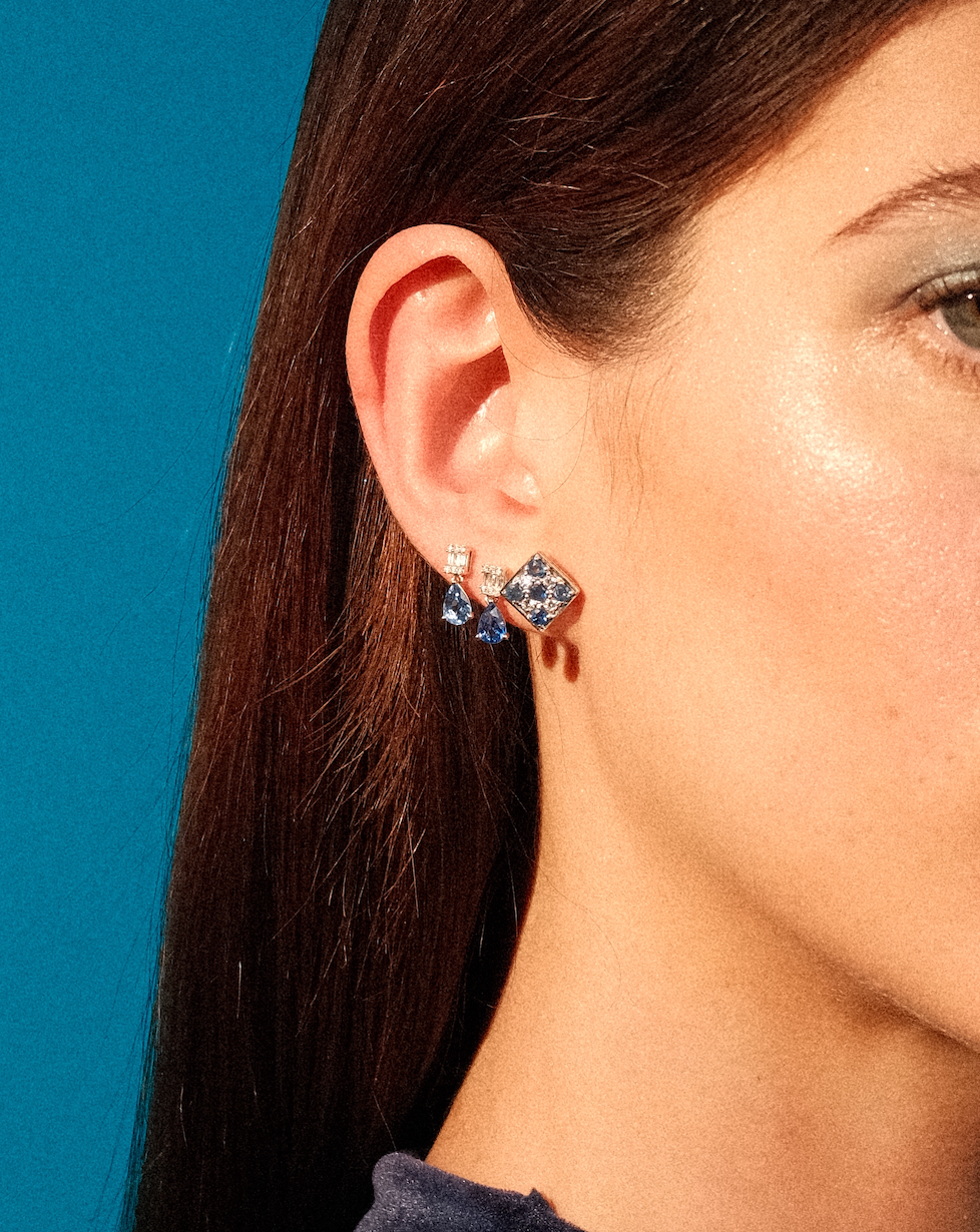 Emerald Cut Illusion Diamond & Sapphire Drop Earrings