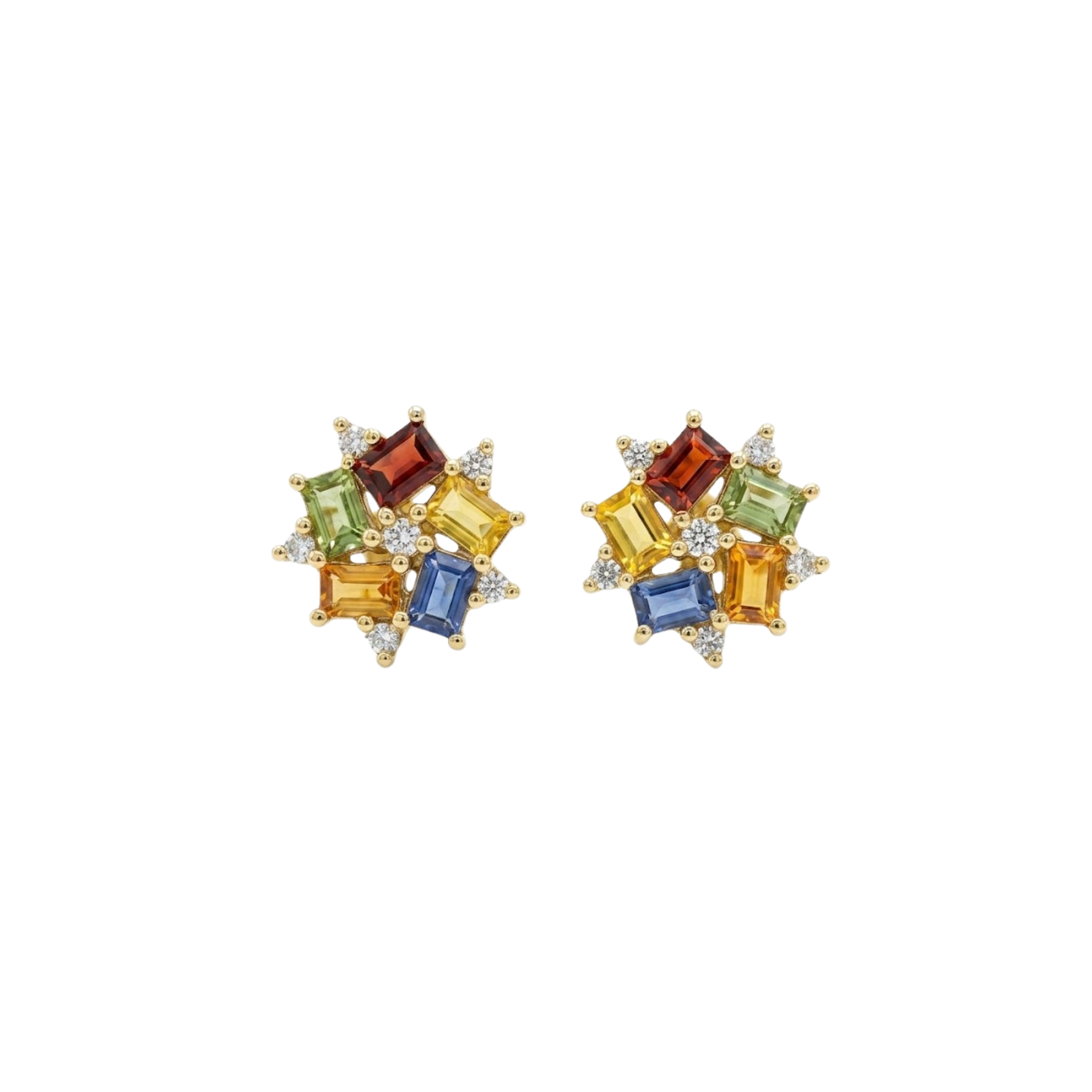 Baguette Rainbow Sapphire & Round Diamond Earrings