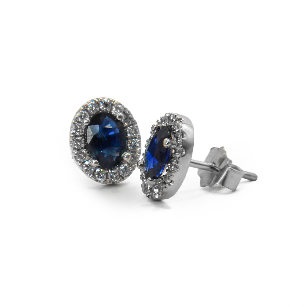 Oval Blue Sapphire & Diamond Halo Earrings