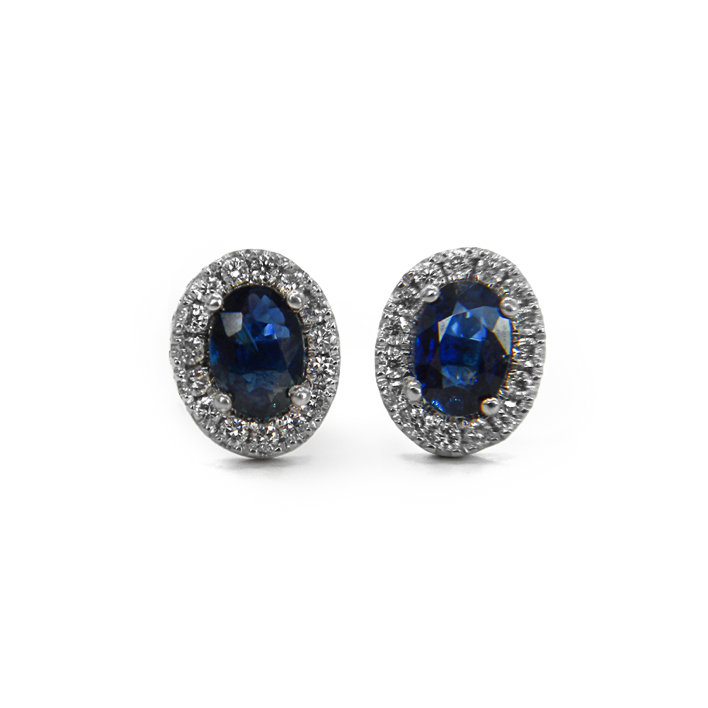 Oval Blue Sapphire & Diamond Halo Earrings