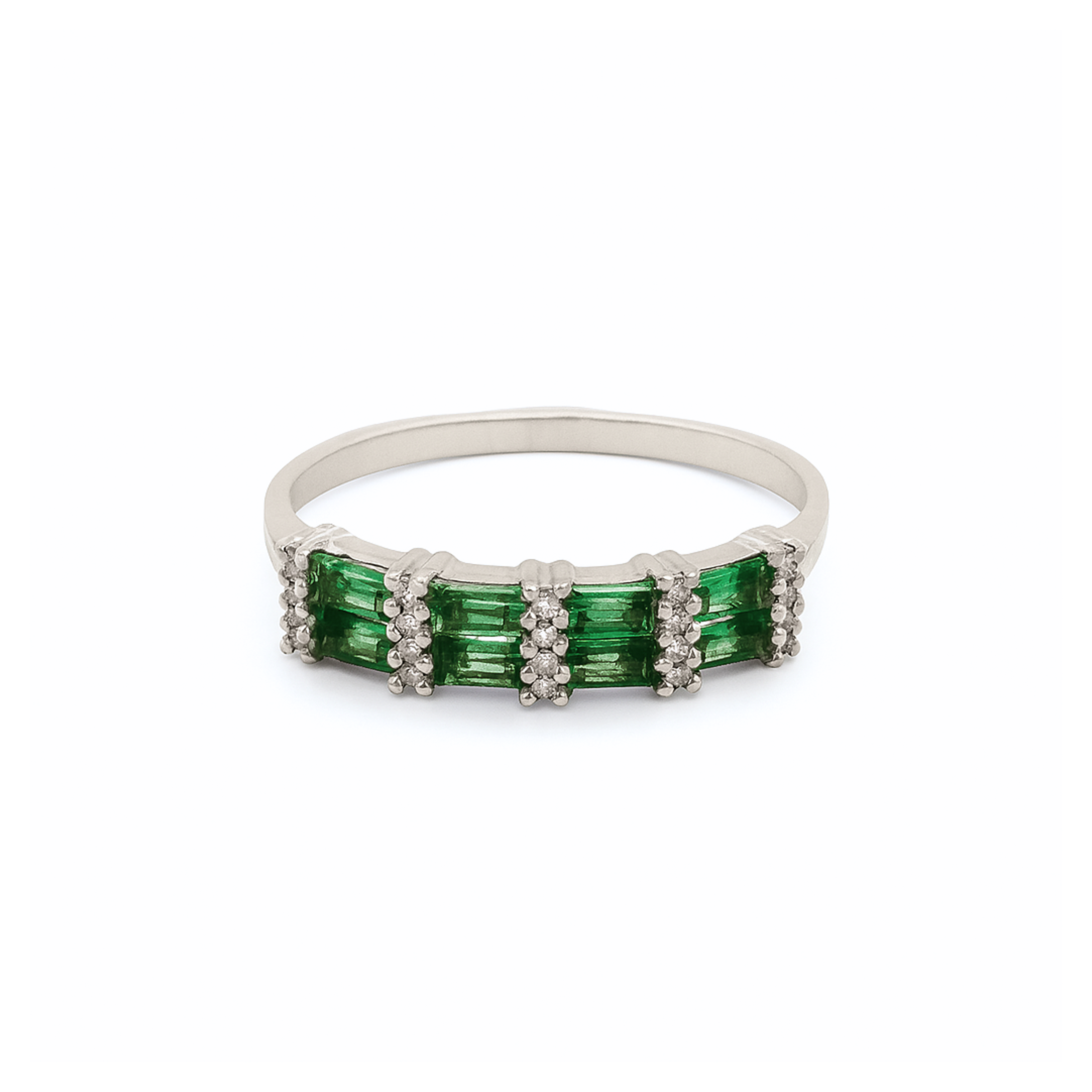 Double Ring – Baguette Emeralds & Round Diamonds