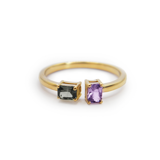 Inverted T Blue & Purple Sapphire Emerald Cut Ring