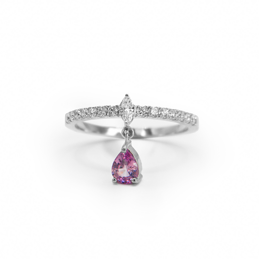 Pink Sapphire Teardrop & Diamond Drop Ring