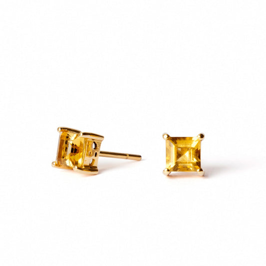 Square Citrine Gold Studs