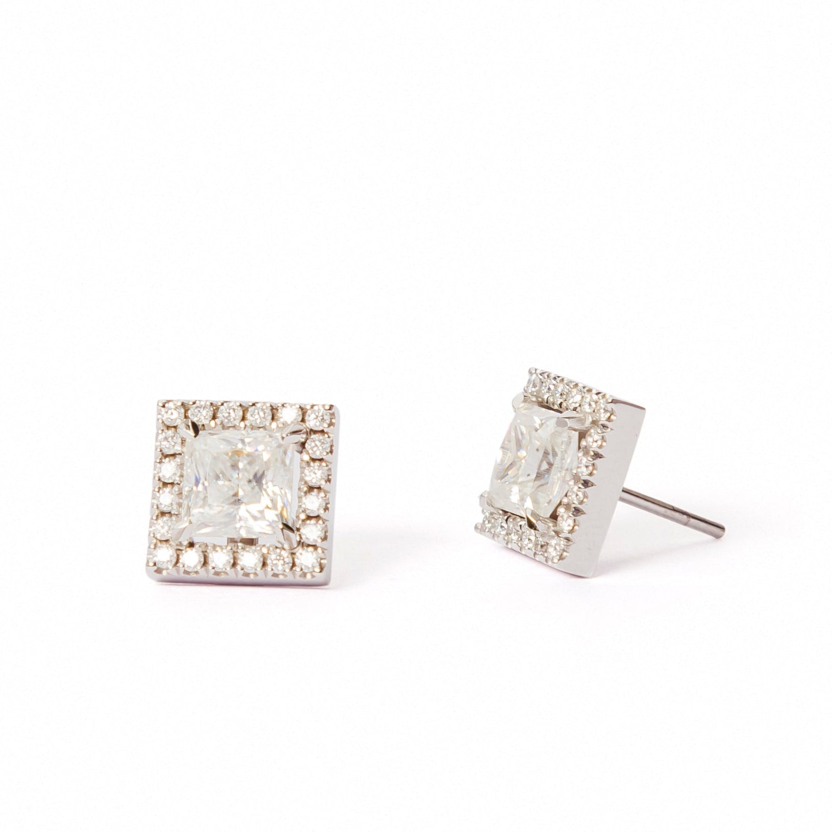 White Gold Square Moissanite Halo Studs